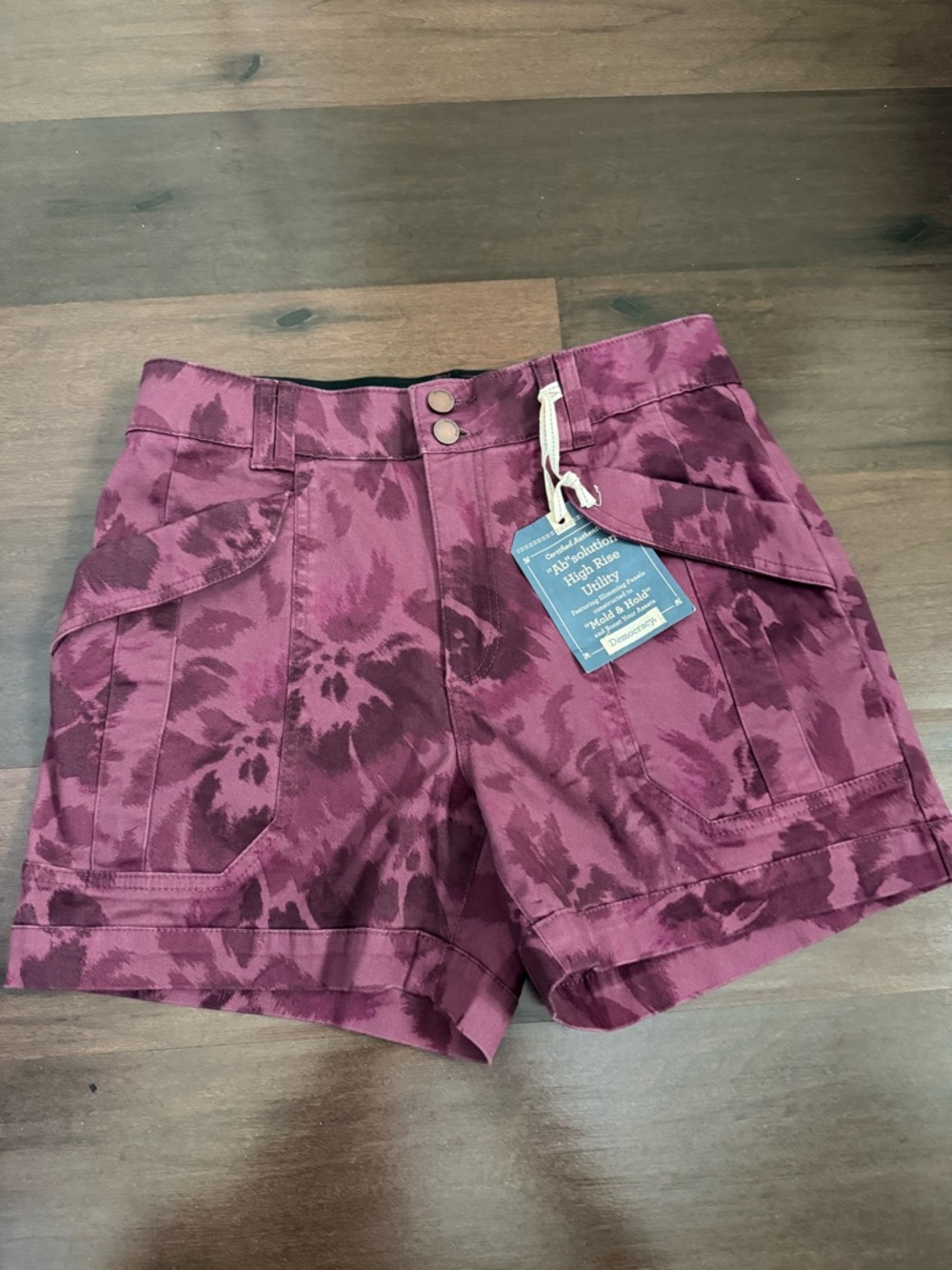 Democracy Ab Solution High Rise Utility Shorts Size 8 NWT Plum Tie Dye